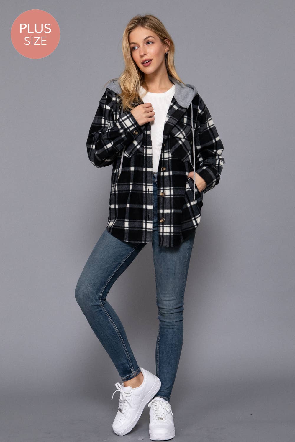 [PLUS SIZE] Long Slv Plaid Button Down Hoodie Fleece Jacket