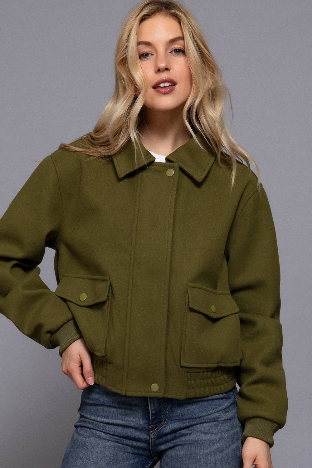 Long Sleeve Lapel Collar Soft Felt Bomber Jacket