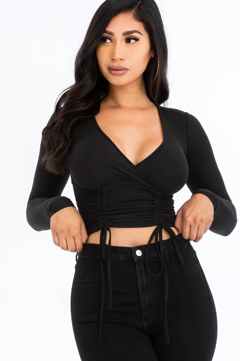 Solid Ribbed Drawstring Ruched Long Sleeve Crop Top T shirt