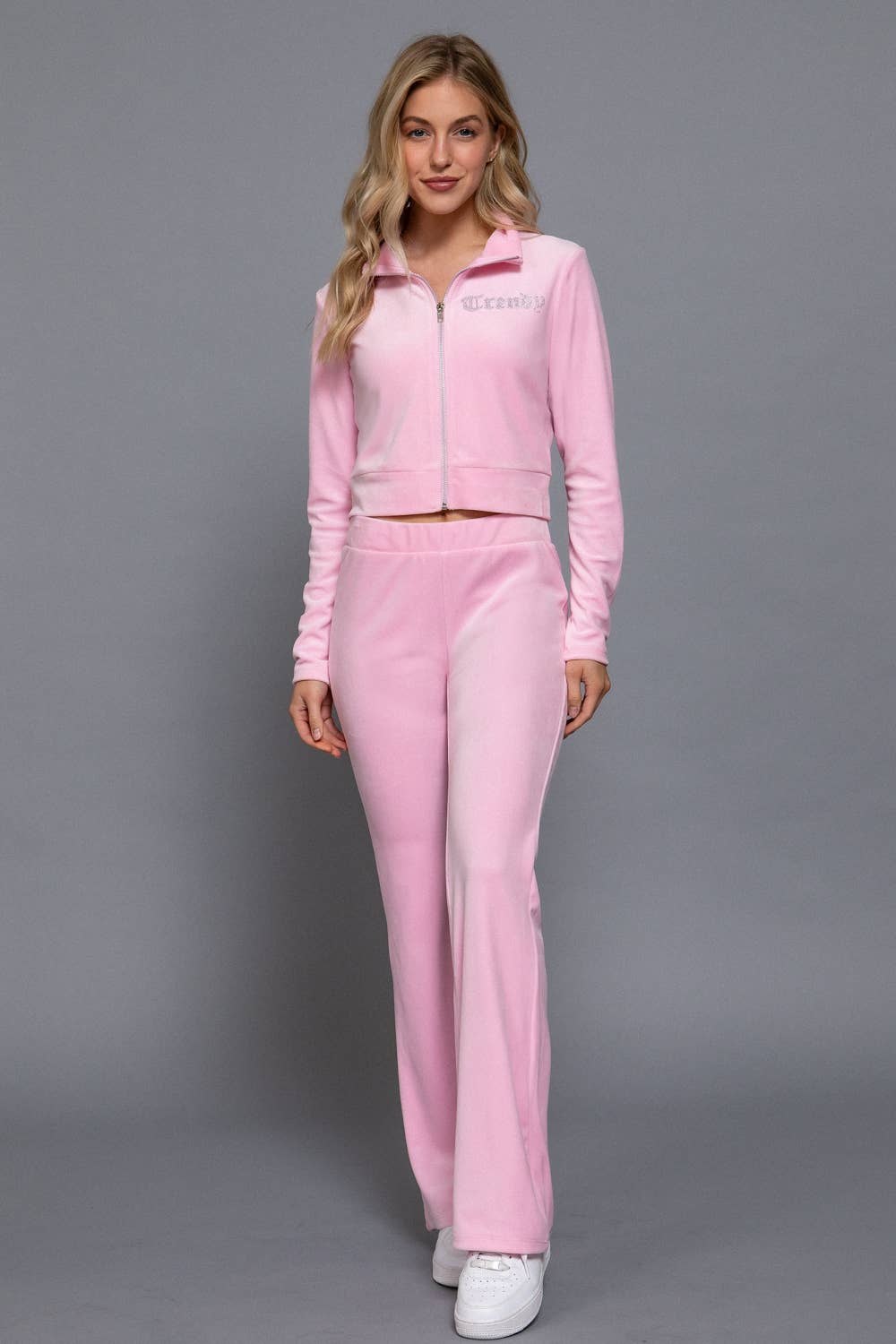 Mock Neck Zip Up Jacket & Rhinestone Flare Pants Velour Set