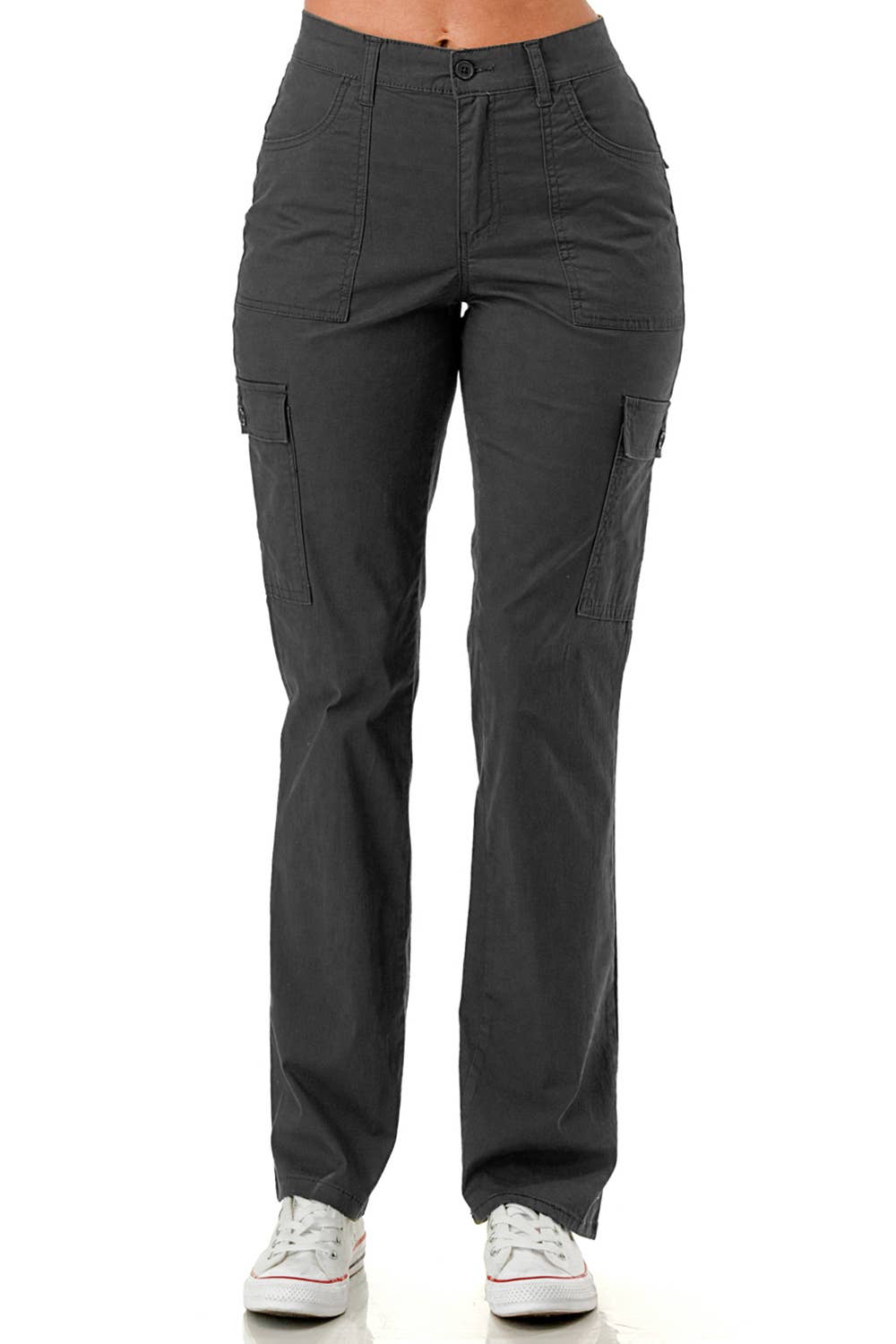 Solid color straight leg adjustable waist band cargo pants