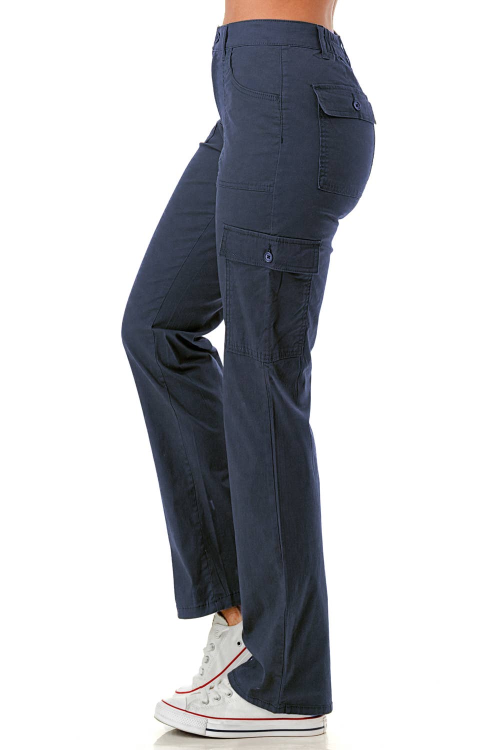 Solid color straight leg adjustable waist band cargo pants