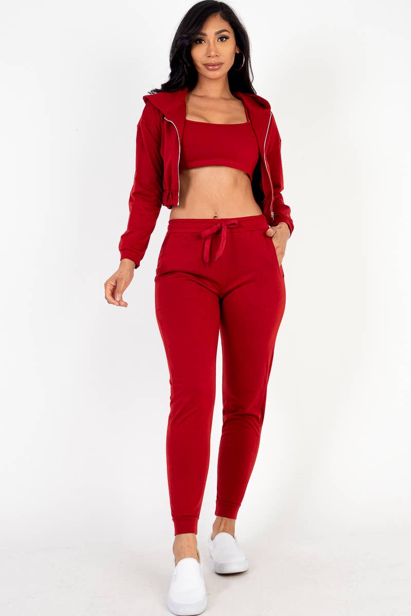 French Terry Cropped Cami with Zip-up Jacket and Joggers Set