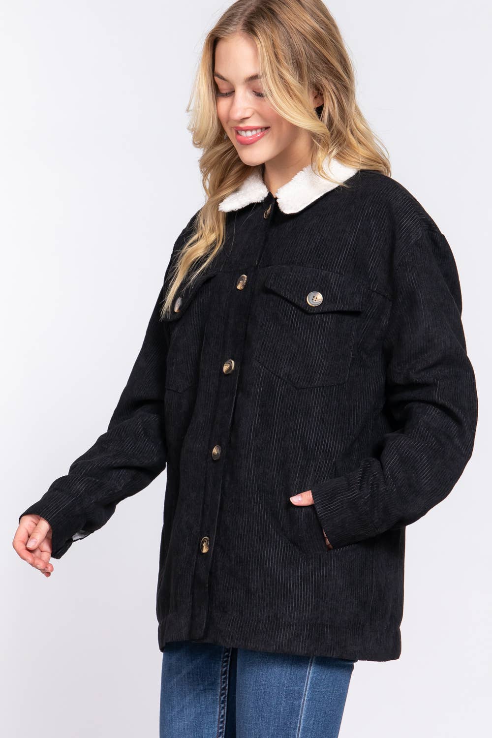 Long Sleeve Inside Faux Fur with Pocket Corduroy Jacket