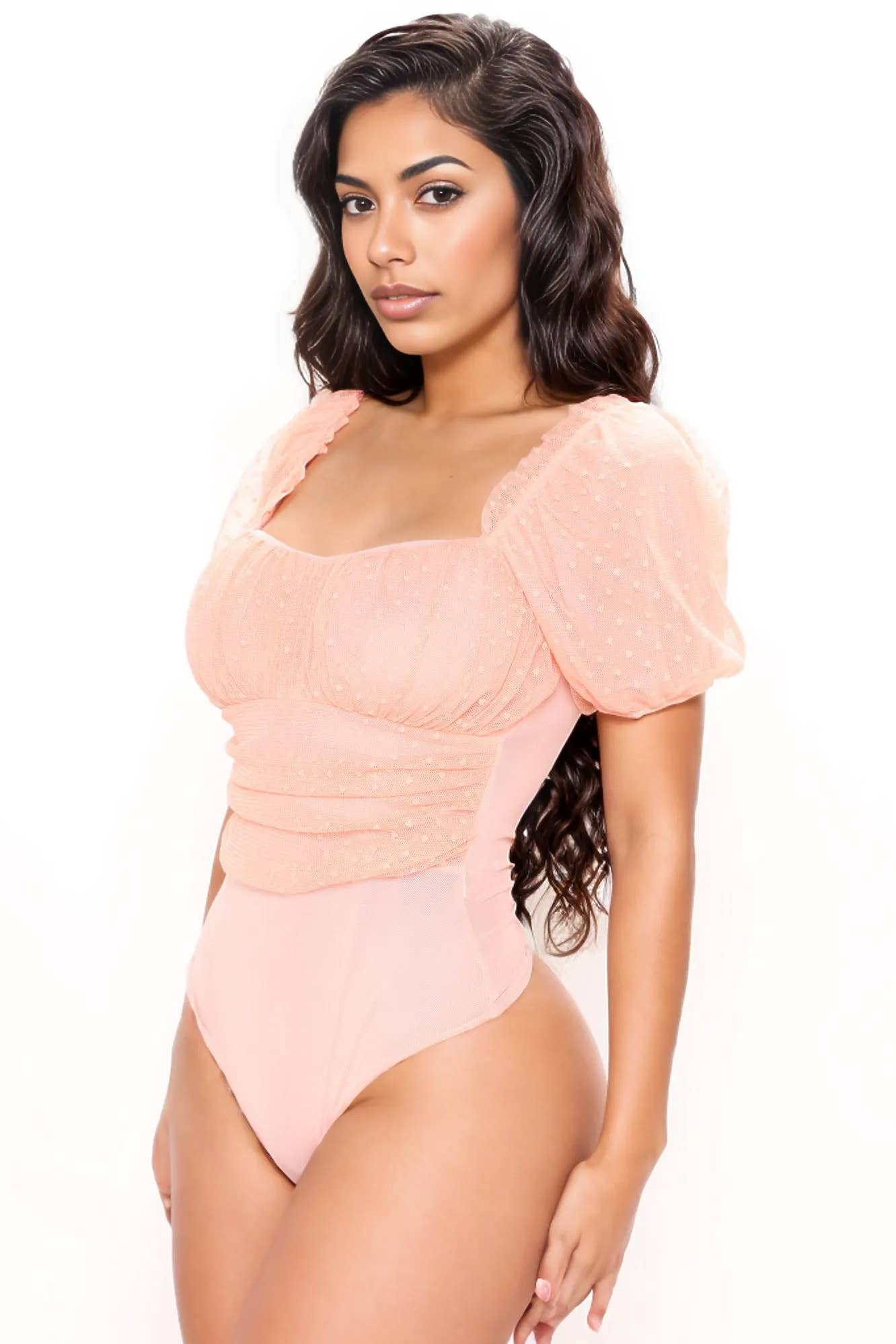 DOT MESH PUFF SLEEVE BODYSUITS