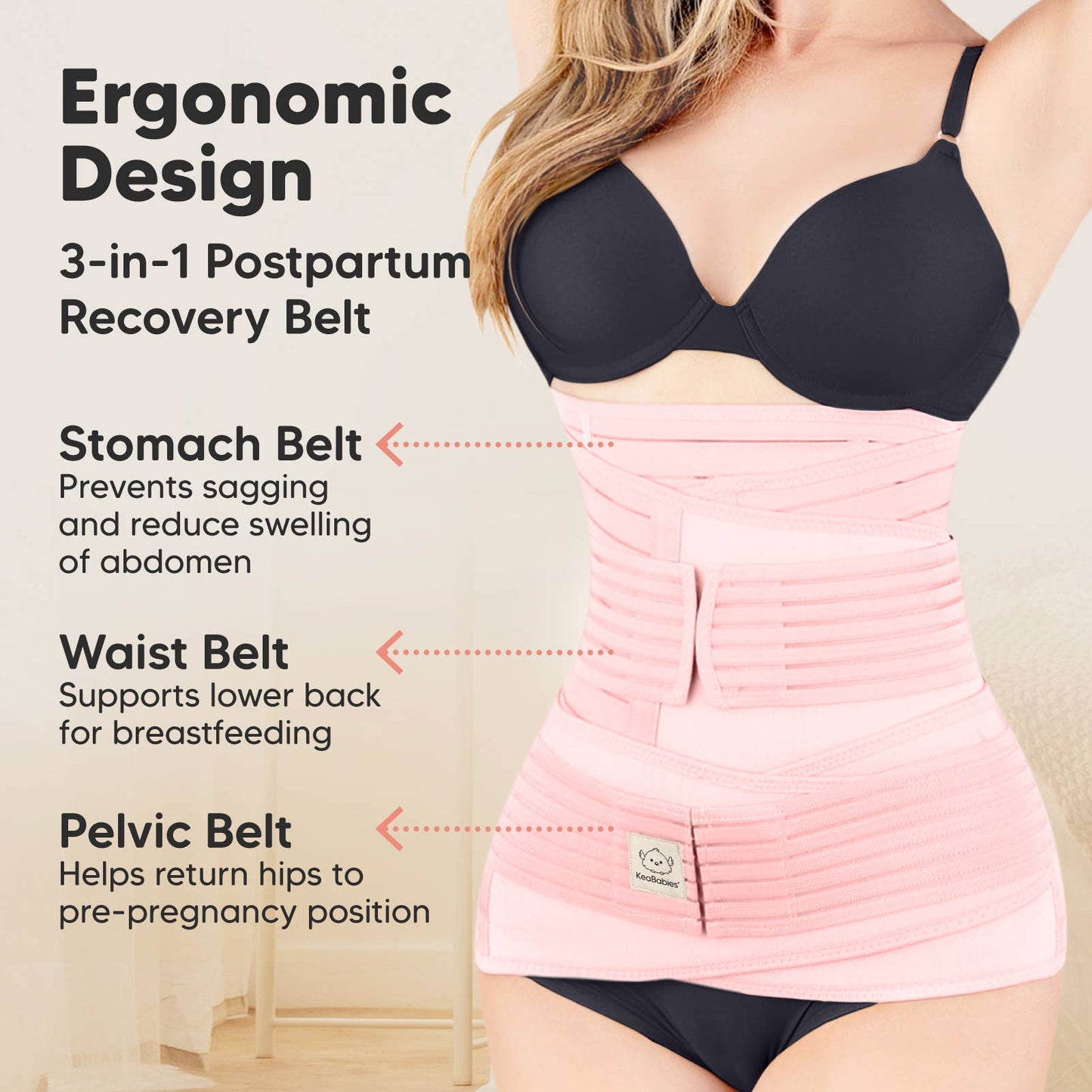 KeaBabies Revive 3 in 1 Postpartum Belt (Blush Pink, M/L)