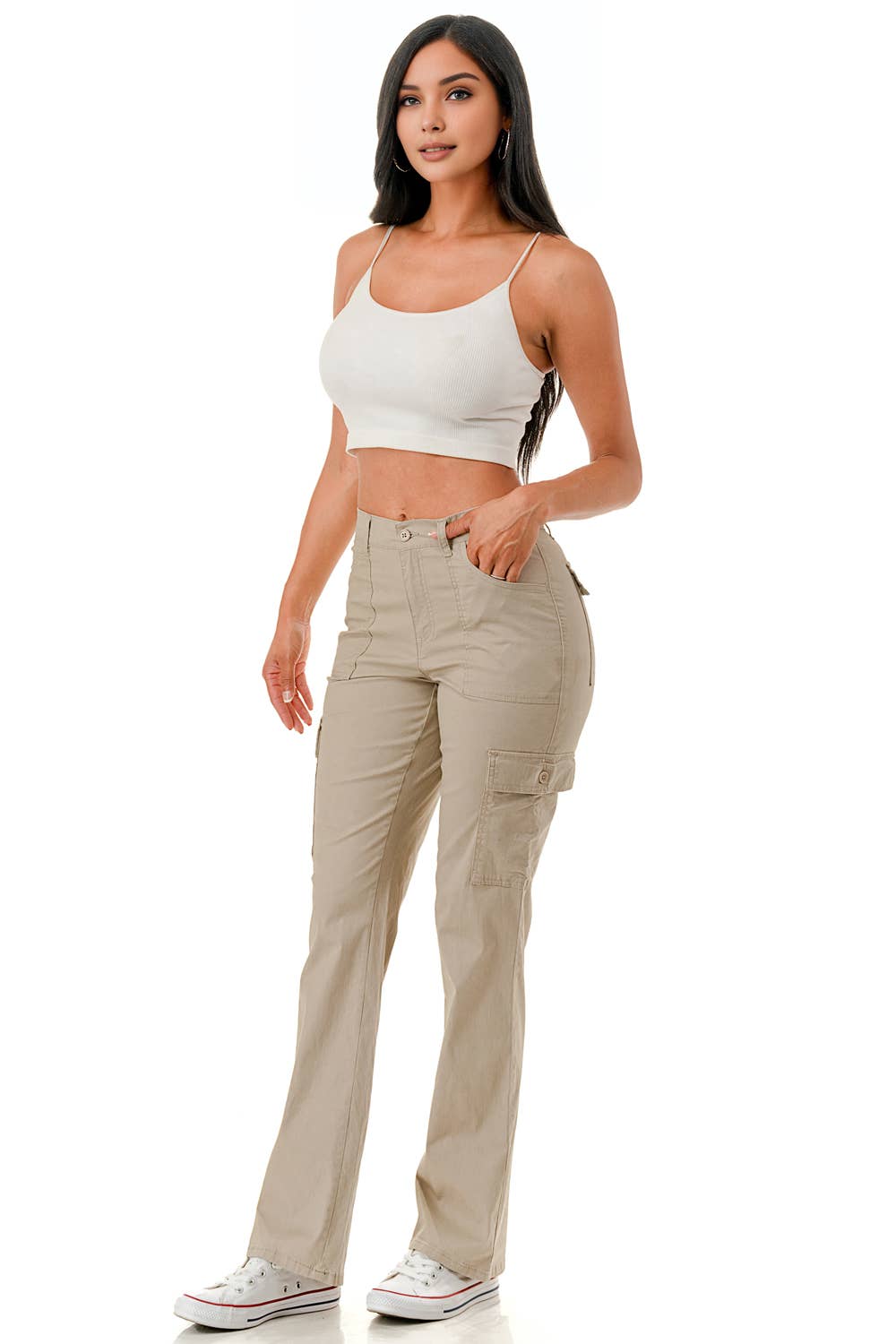 Color woven straight leg adjustable waist band cargo pants