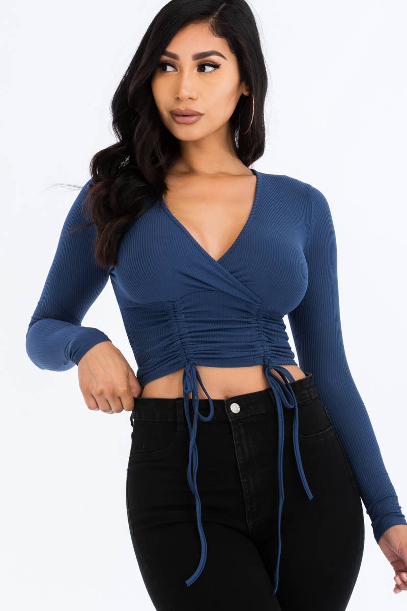 Solid Ribbed Drawstring Ruched Long Sleeve Crop Top T shirt