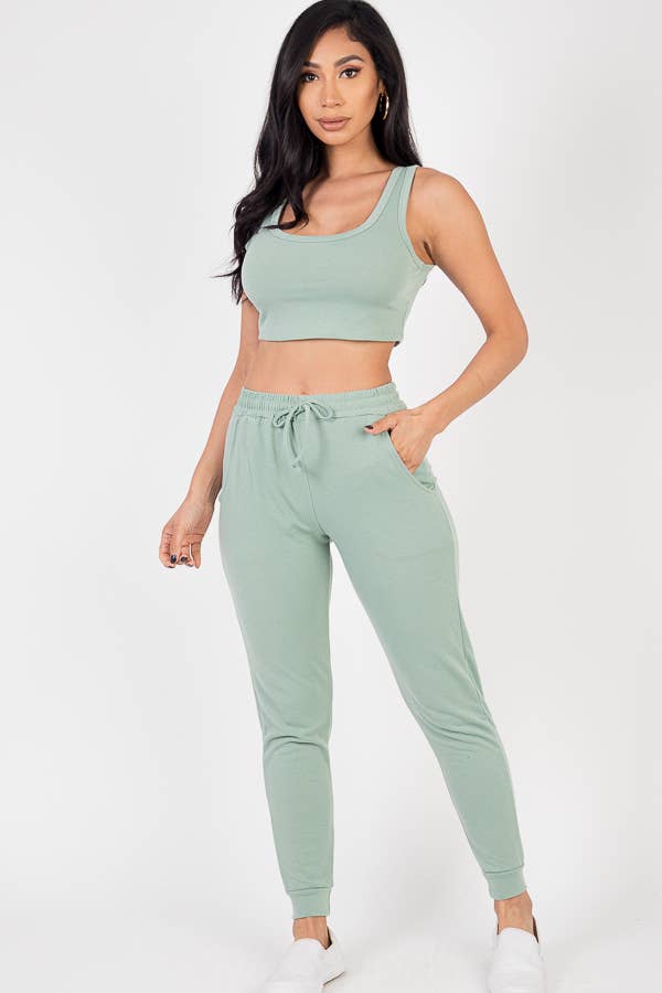 French Terry Cropped Tank Top & Joggers Set