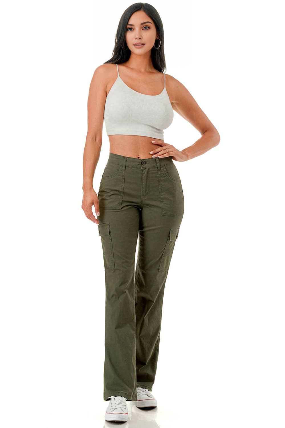 Solid color straight leg adjustable waist band cargo pants