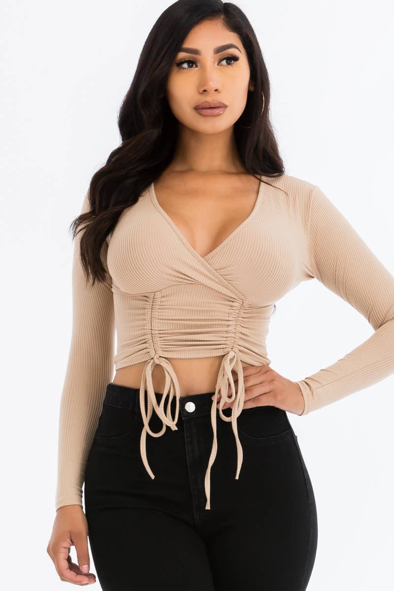 Solid Ribbed Drawstring Ruched Long Sleeve Crop Top T shirt