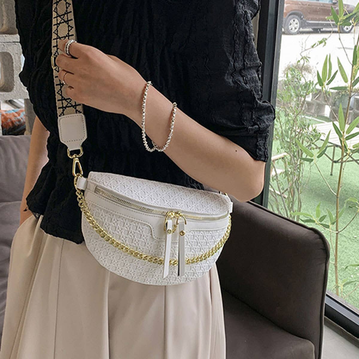 WOVEN FANNY PACK BELT BAG,CHAIN STRAP_CWAB0946