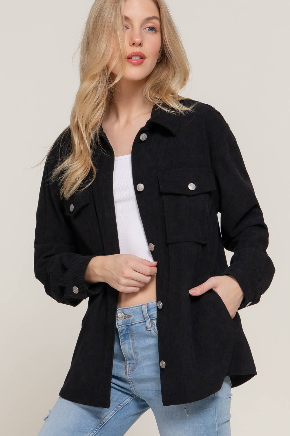 Long Sleeve Front Pocket Button Down Corduroy Jacket