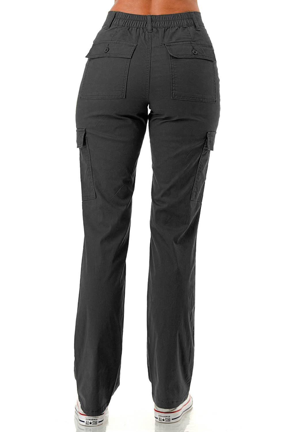 Solid color straight leg adjustable waist band cargo pants