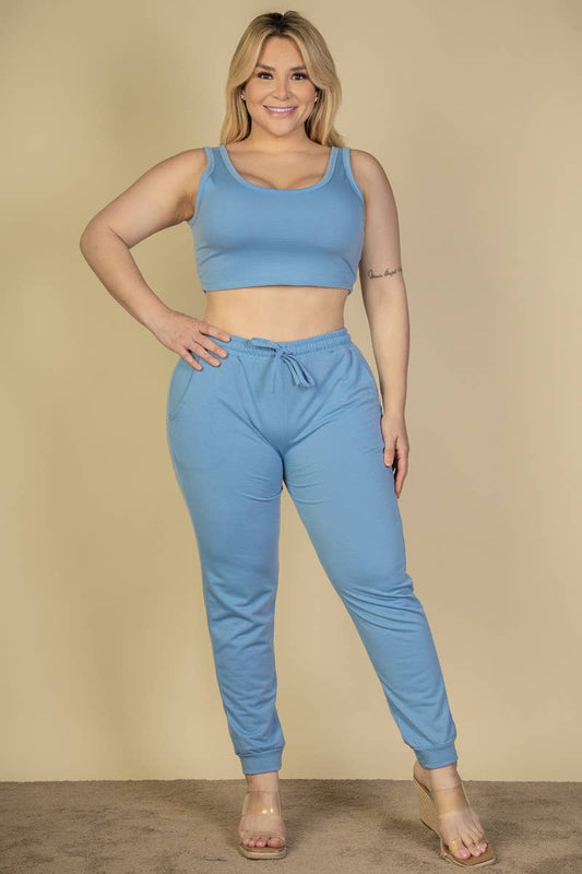 Plus Size French Terry Cropped Tank Top & Joggers Set