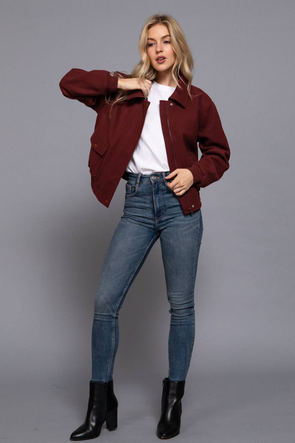 Long Sleeve Lapel Collar Soft Felt Bomber Jacket