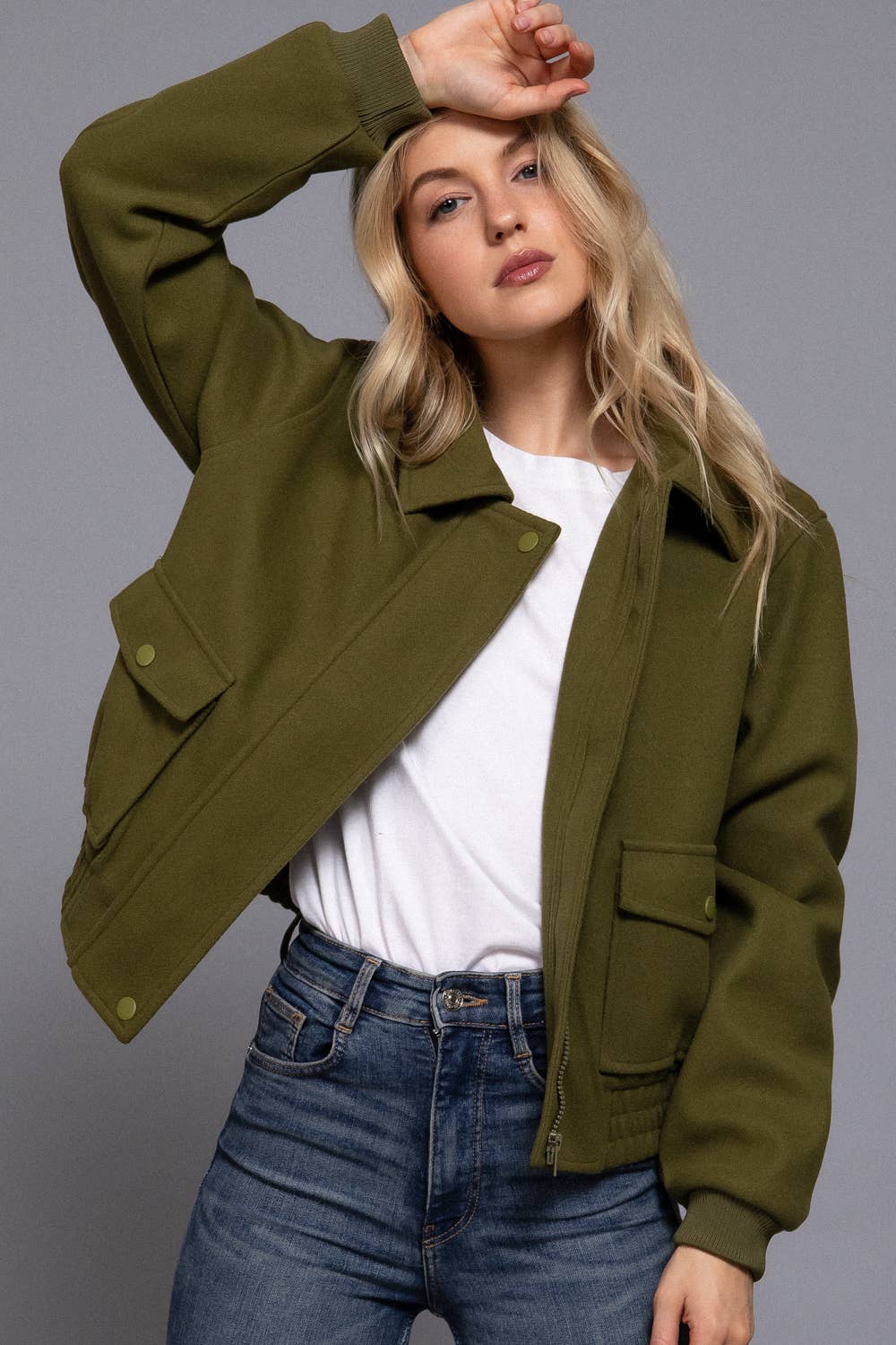 Long Sleeve Lapel Collar Soft Felt Bomber Jacket