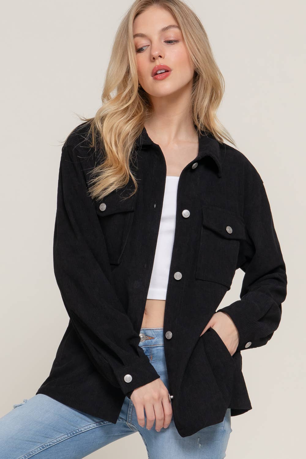 Long Sleeve Front Pocket Button Down Corduroy Jacket