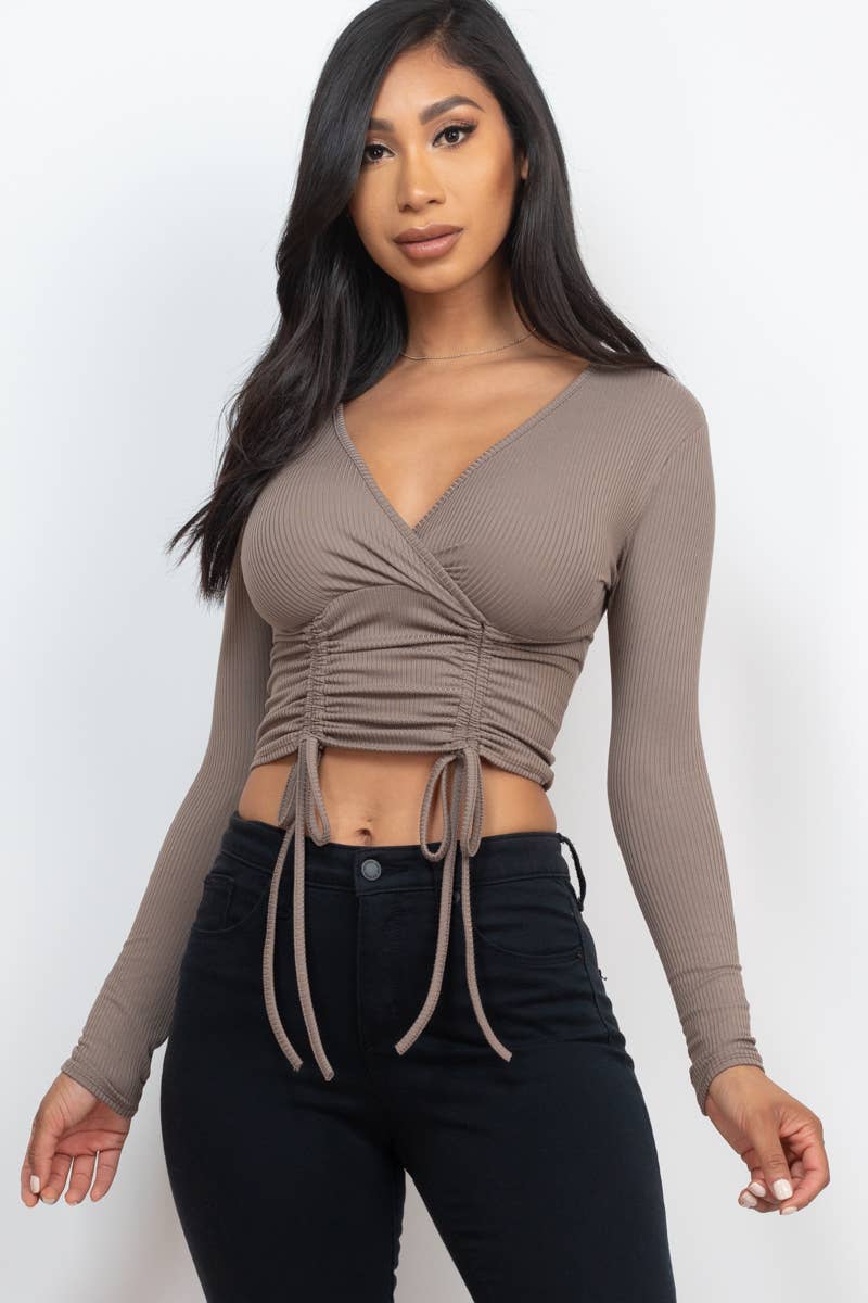 Solid Ribbed Drawstring Ruched Long Sleeve Crop Top T shirt