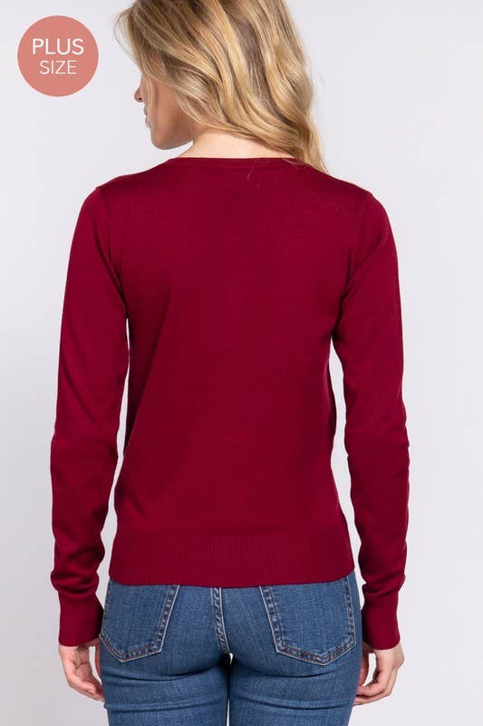 [PLUS SIZE] Long Sleeve V-neck Button Down Sweater Cardigan
