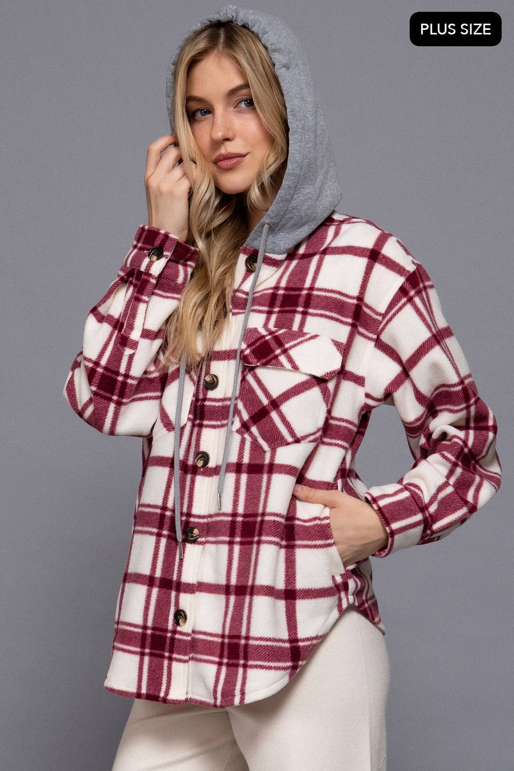 [PLUS SIZE] Long Slv Plaid Button Down Hoodie Fleece Jacket