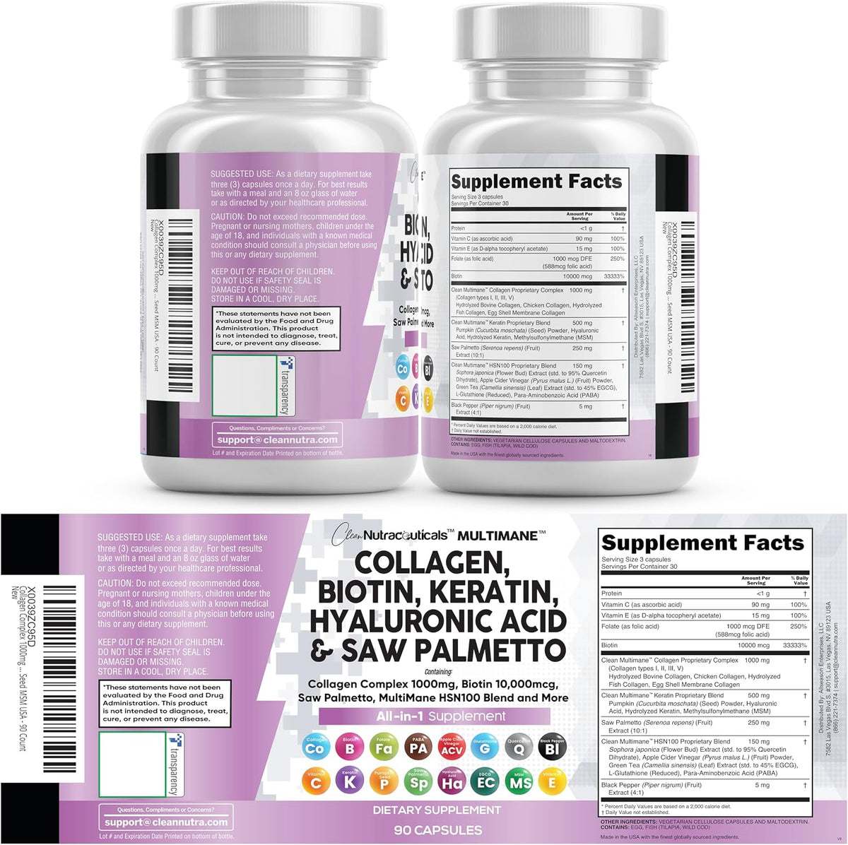 Clean Nutraceuticals MultiMane Collagen Pills with Biotin & Keratin