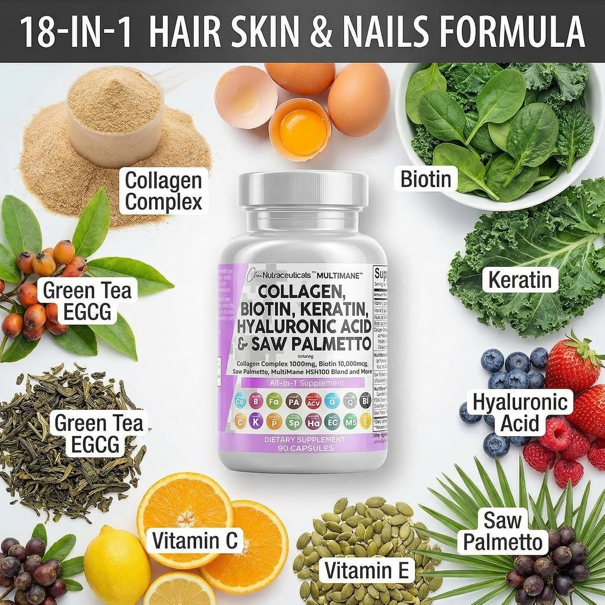 Clean Nutraceuticals MultiMane Collagen Pills with Biotin & Keratin