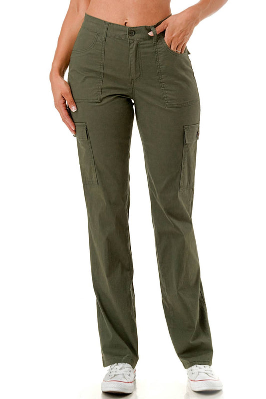 Color woven straight leg adjustable waist band cargo pants