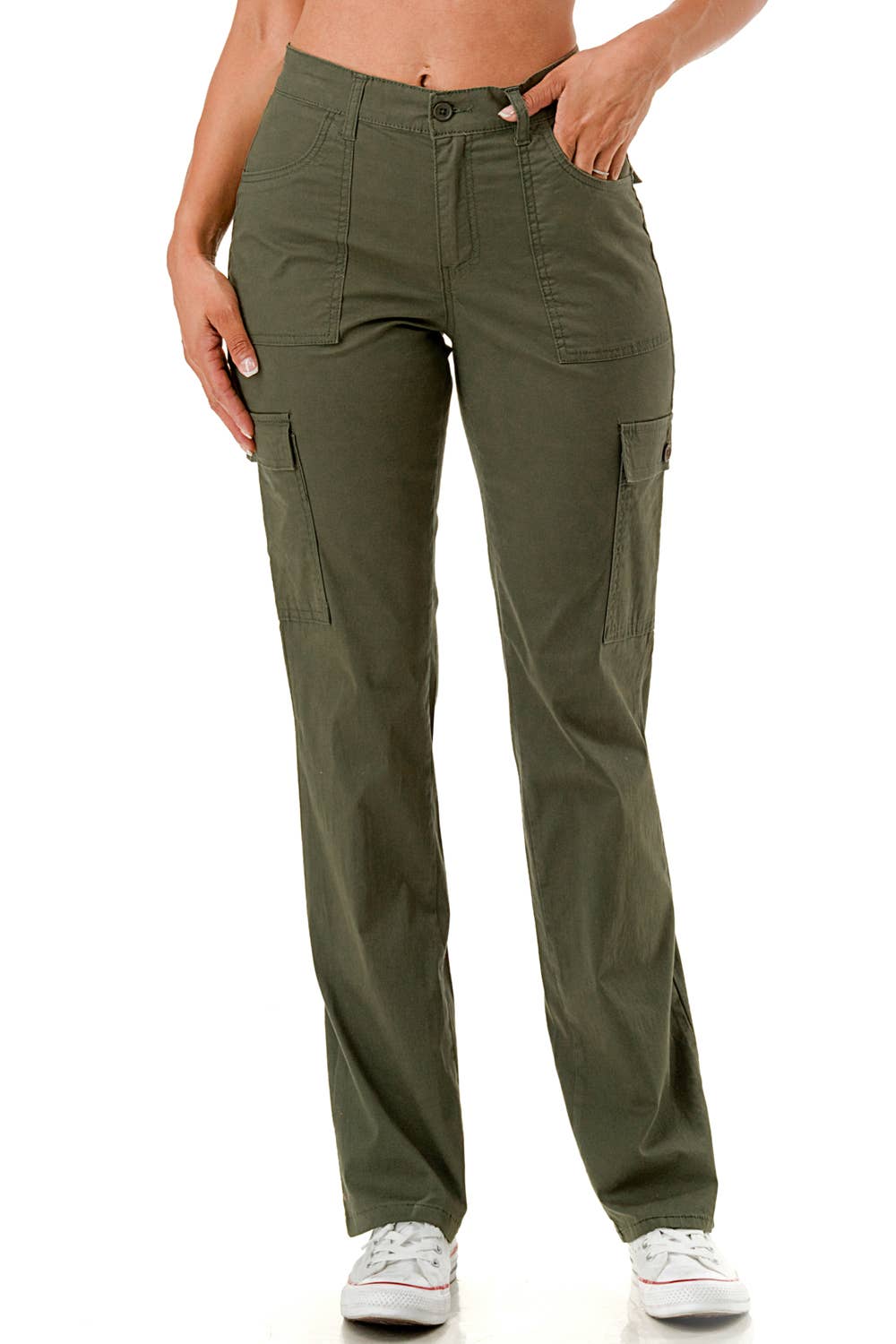 Solid color straight leg adjustable waist band cargo pants