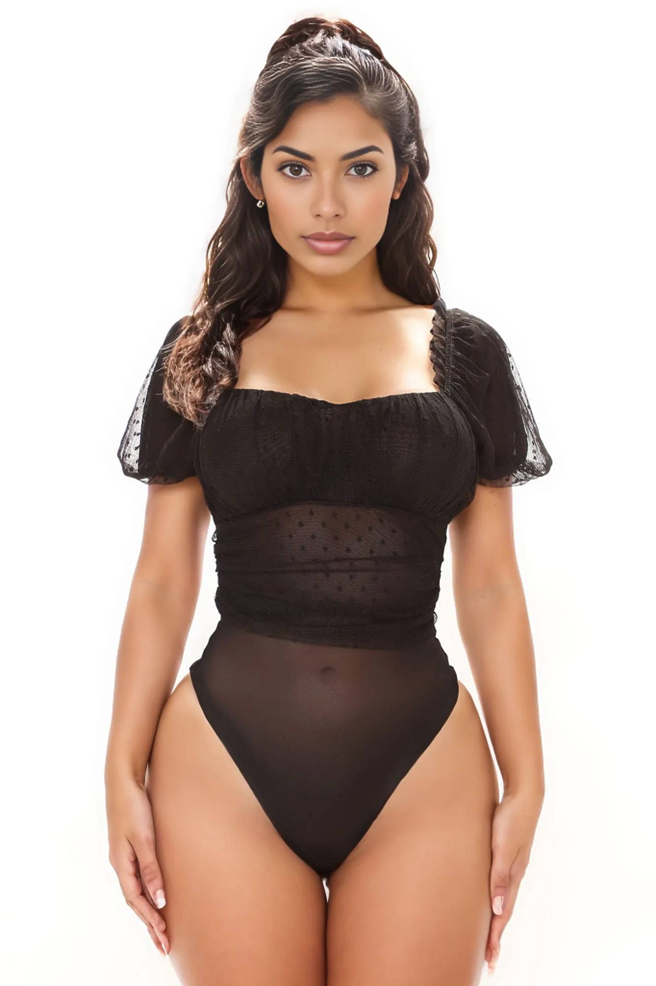 DOT MESH PUFF SLEEVE BODYSUITS