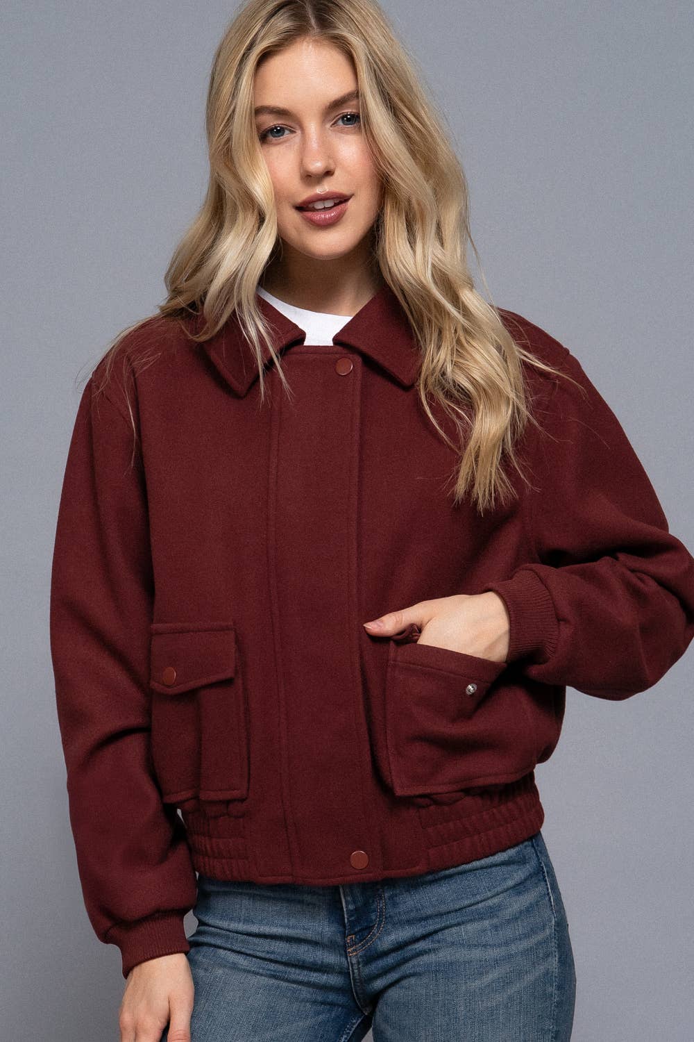 Long Sleeve Lapel Collar Soft Felt Bomber Jacket