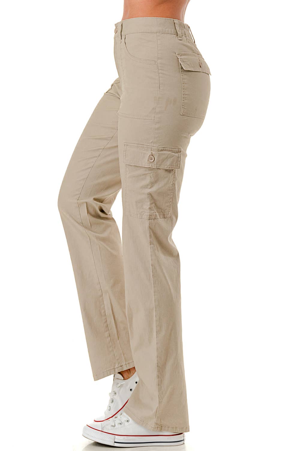 Color woven straight leg adjustable waist band cargo pants