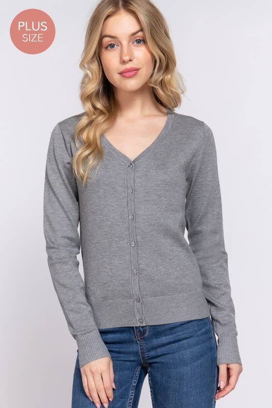 [PLUS SIZE] Long Sleeve V-neck Button Down Sweater Cardigan