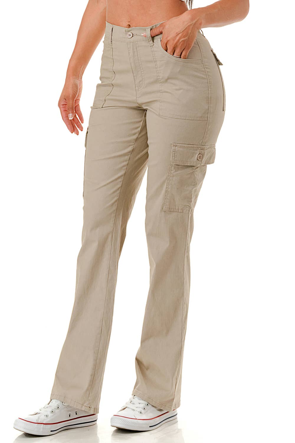 Color woven straight leg adjustable waist band cargo pants