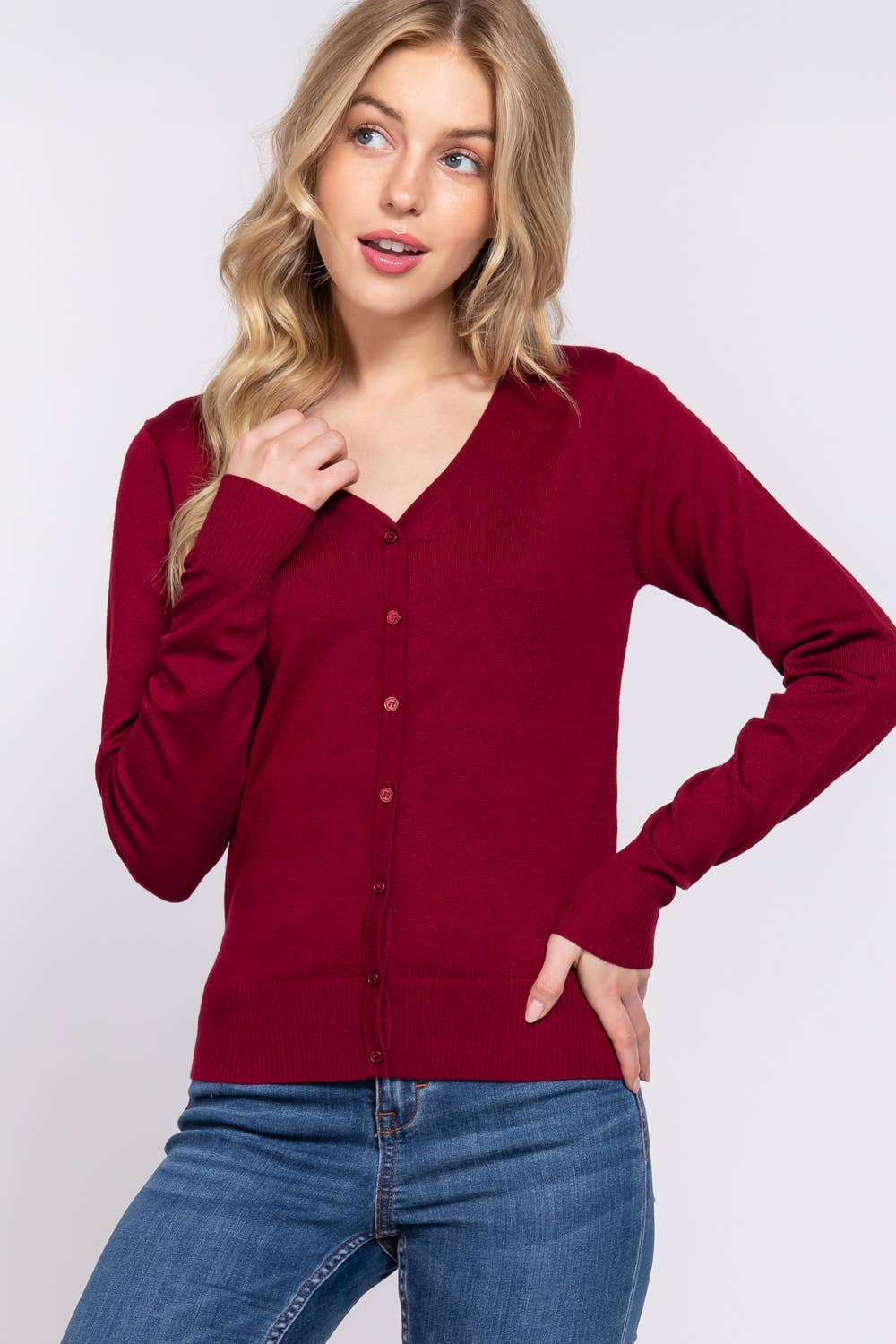 [PLUS SIZE] Long Sleeve V-neck Button Down Sweater Cardigan