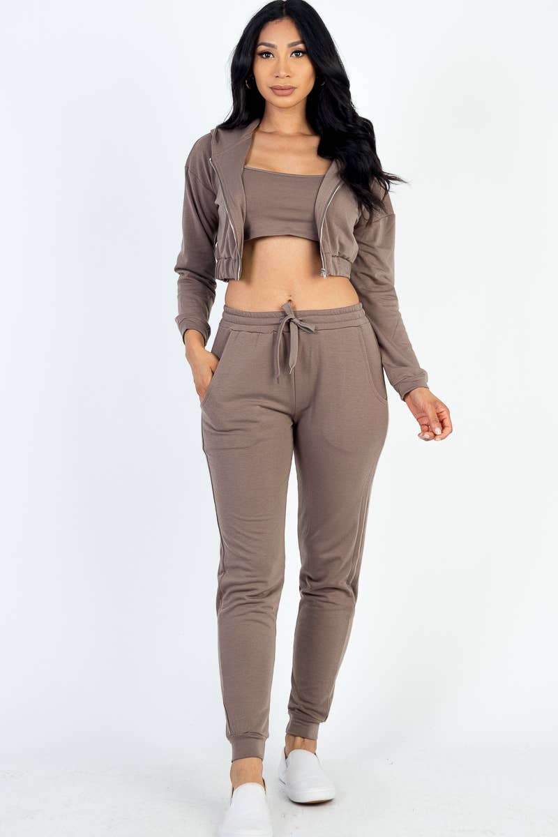 French Terry Cropped Cami with Zip-up Jacket and Joggers Set