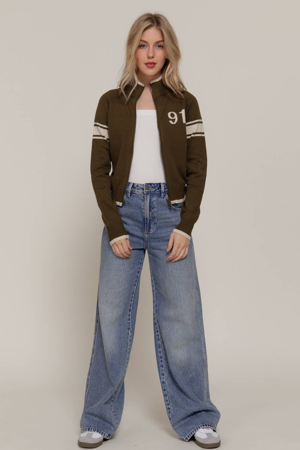 Long Sleeve High Neck with Line Detail Zip-Up Sweater Jacket