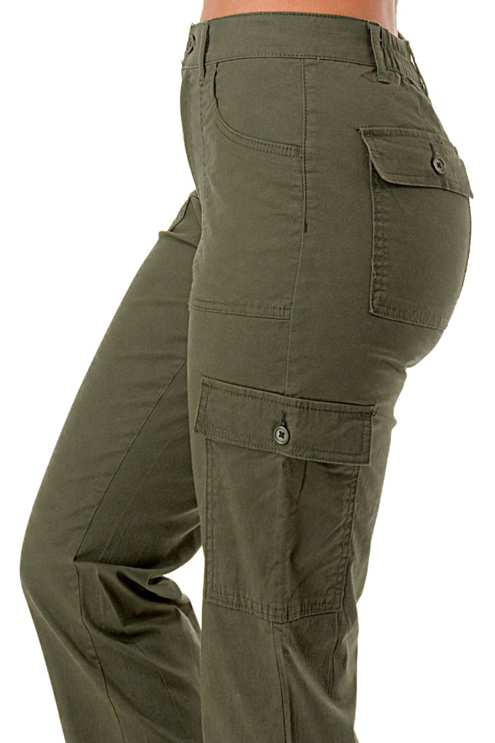 Color woven straight leg adjustable waist band cargo pants