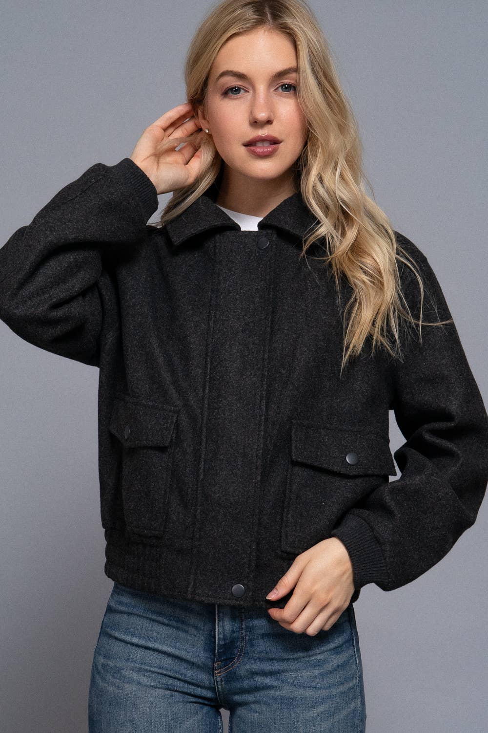 Long Sleeve Lapel Collar Soft Felt Bomber Jacket