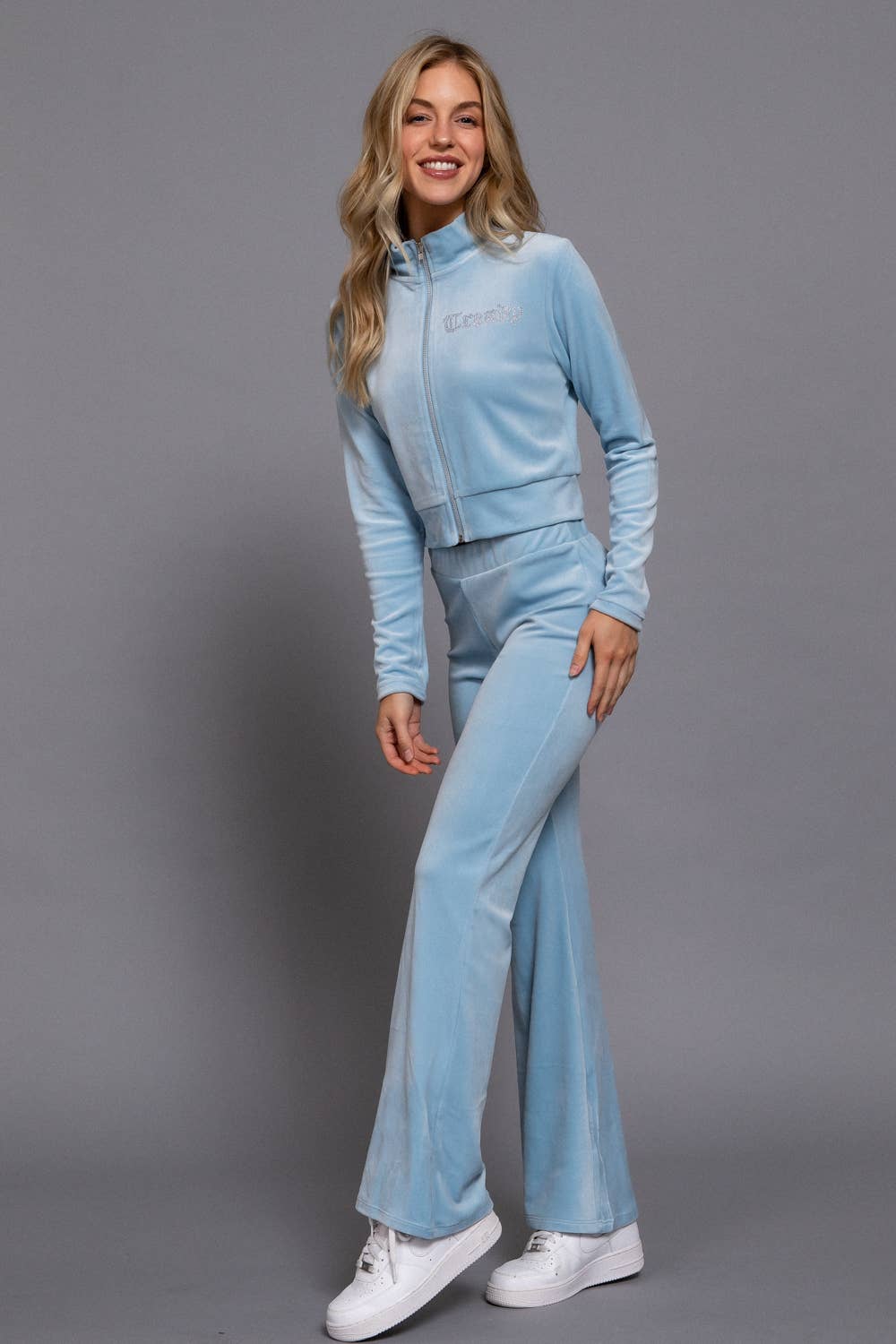 Mock Neck Zip Up Jacket & Rhinestone Flare Pants Velour Set