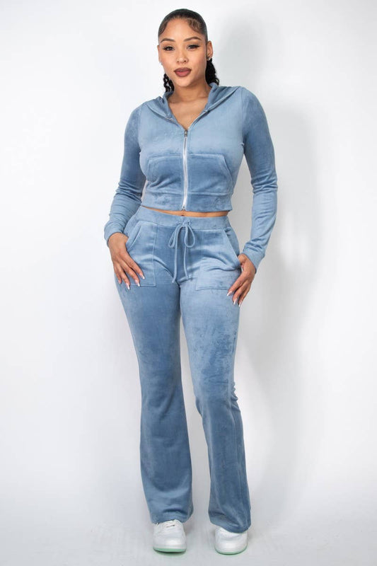 VELOUR FLARE MID RISE PANTS