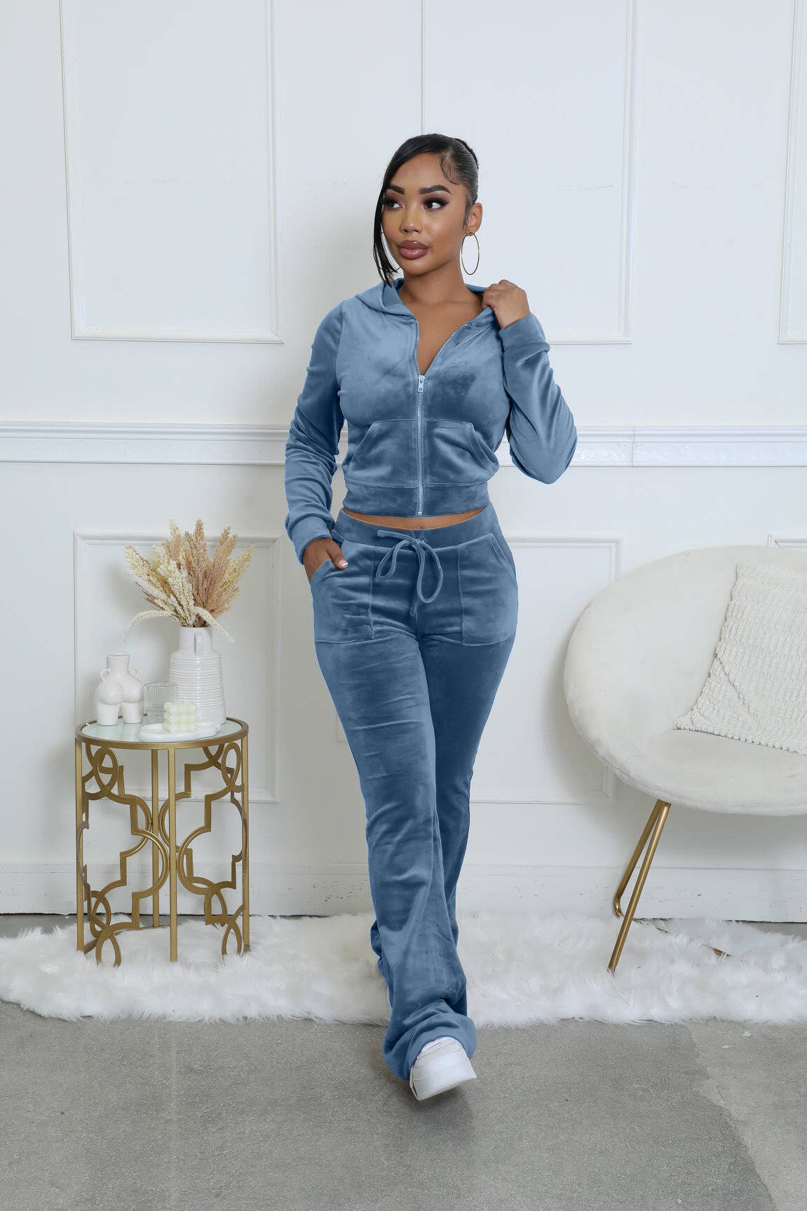 VELOUR ZIP UP HOODIES AND FLARE PANTS SET