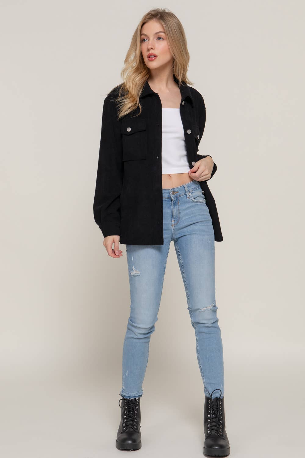Long Sleeve Front Pocket Button Down Corduroy Jacket