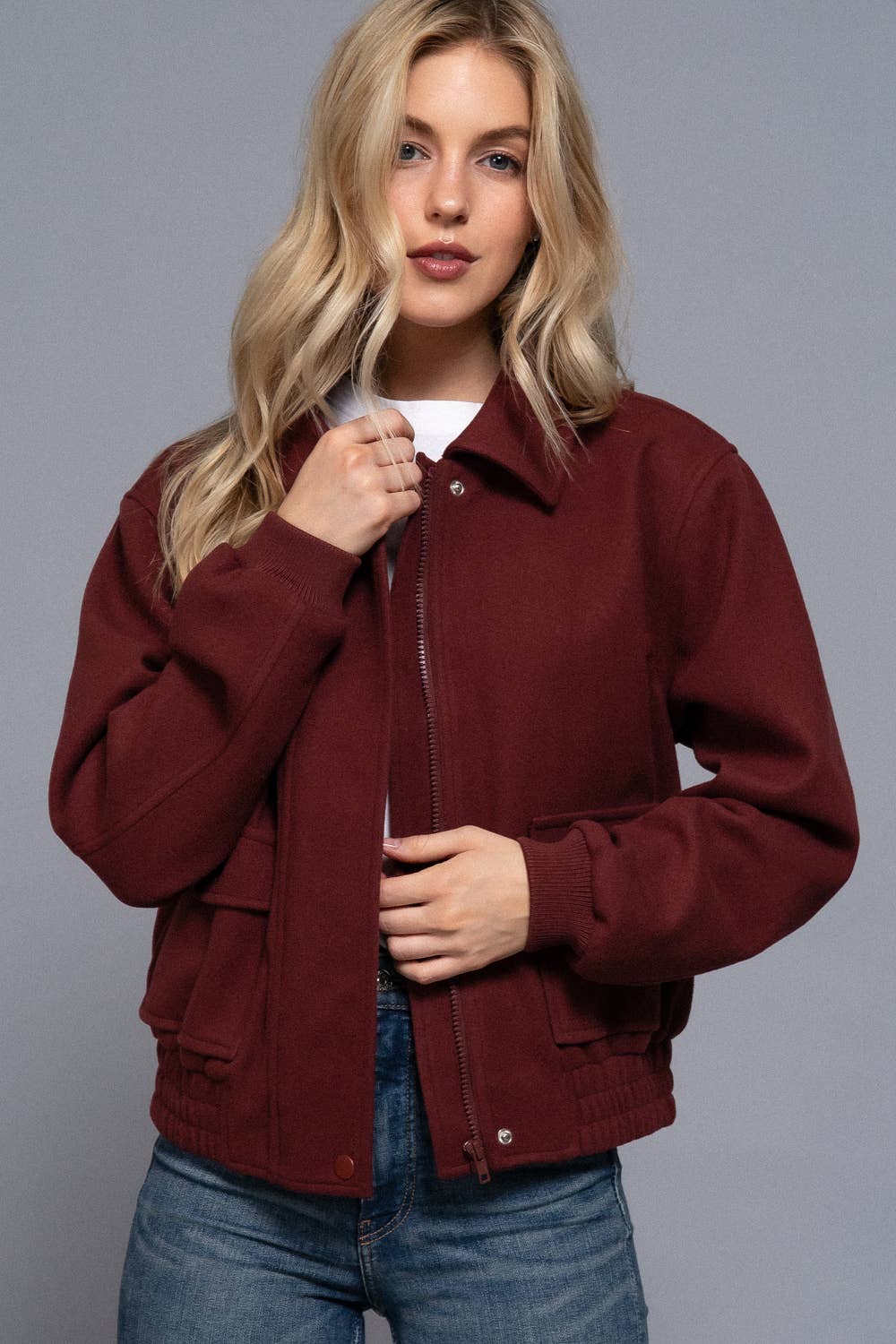 Long Sleeve Lapel Collar Soft Felt Bomber Jacket