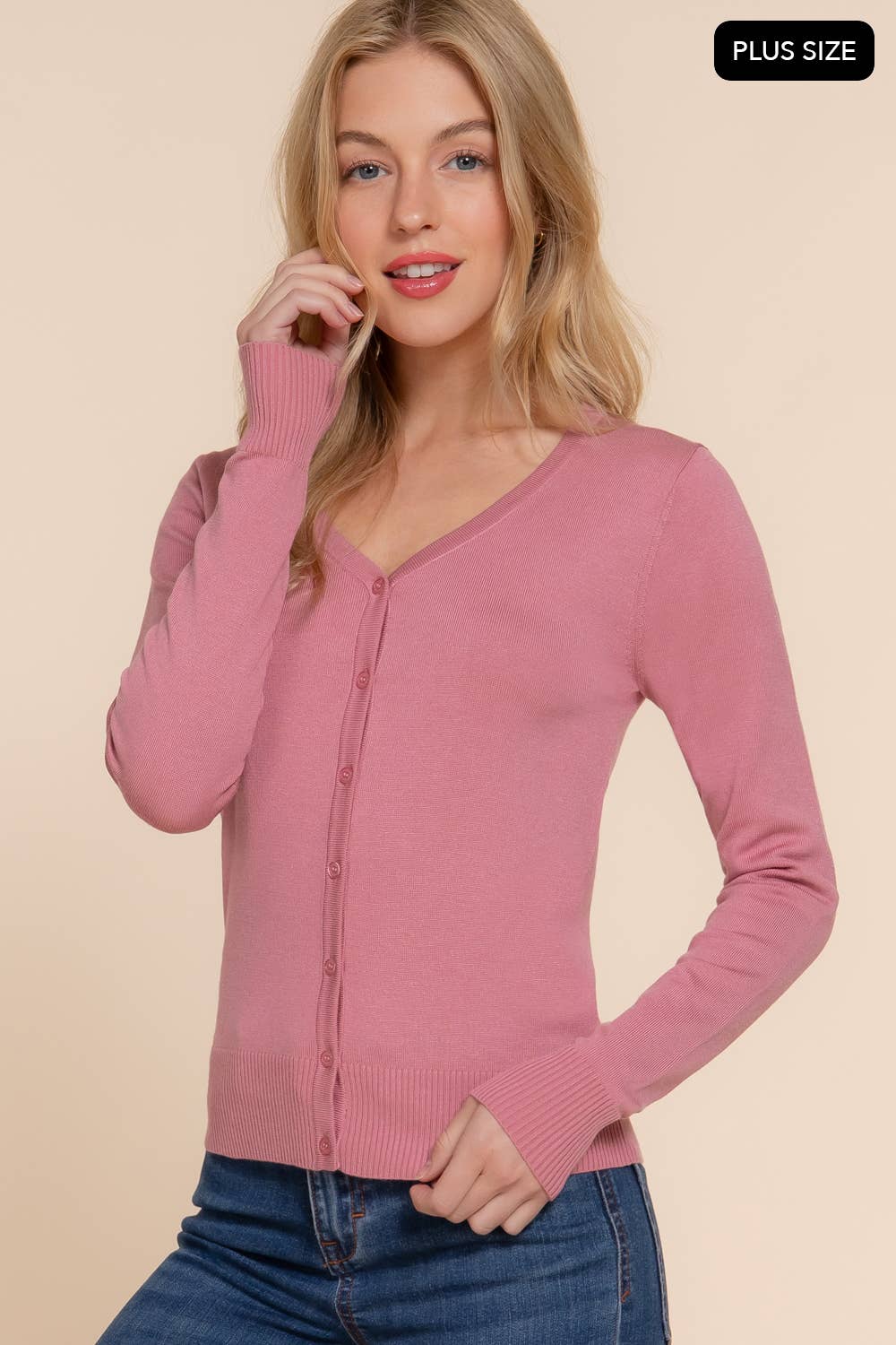 [PLUS SIZE] Long Sleeve V-neck Button Down Sweater Cardigan