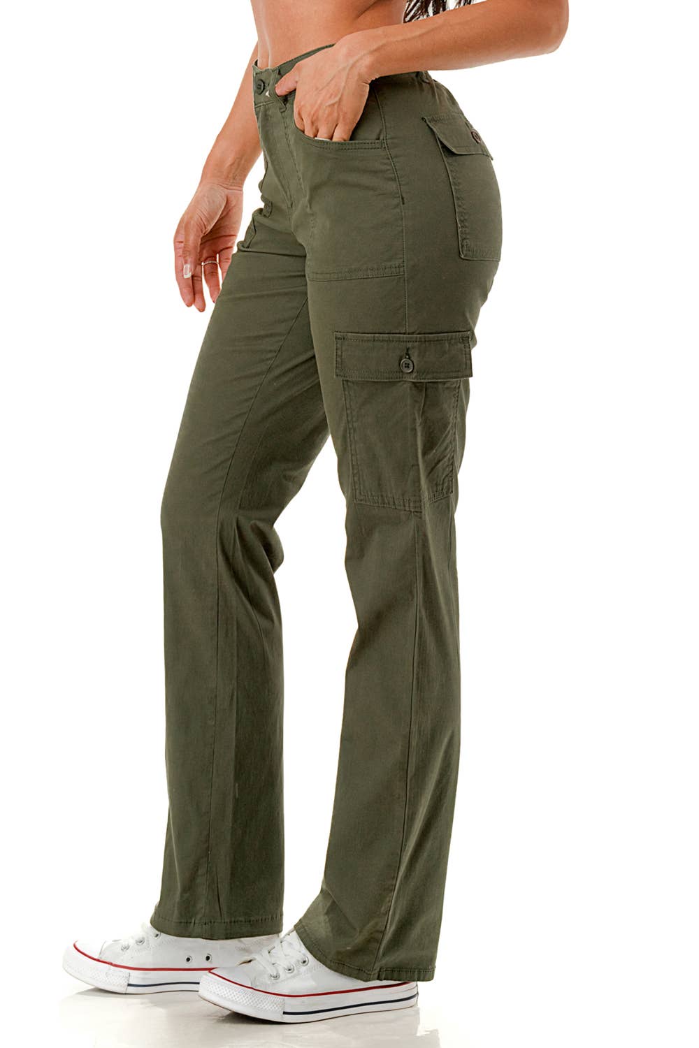 Color woven straight leg adjustable waist band cargo pants