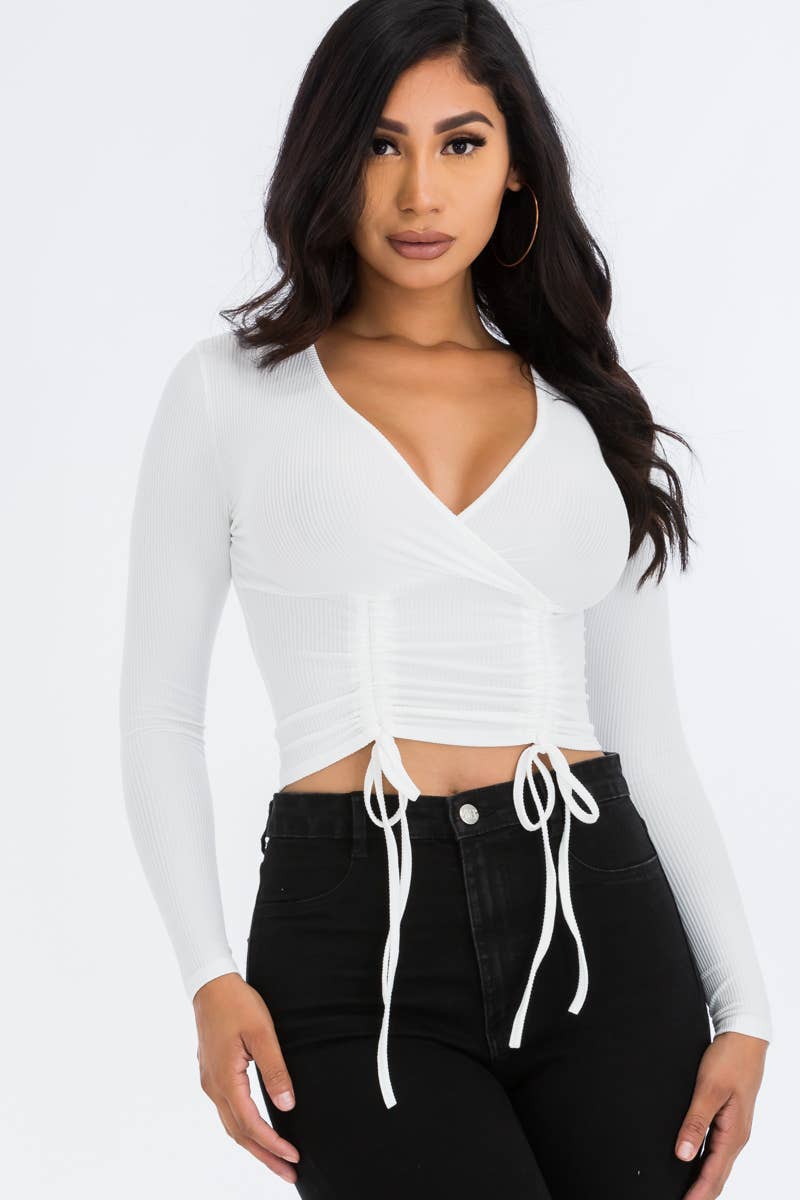 Solid Ribbed Drawstring Ruched Long Sleeve Crop Top T shirt