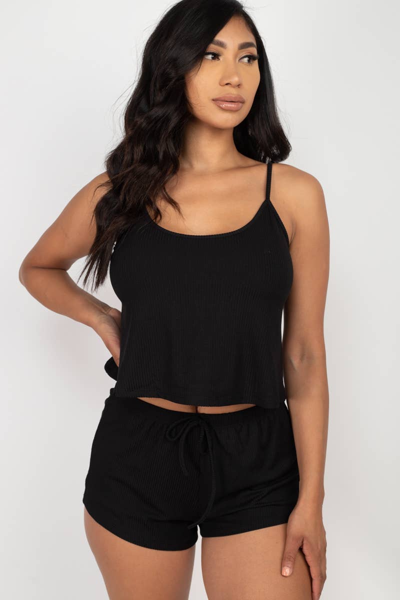 Ribbed Strappy Top & Shorts Lounge Set