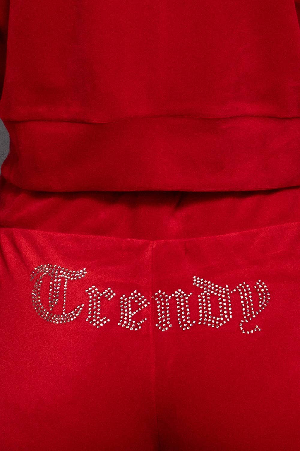 Mock Neck Zip Up Jacket & Rhinestone Flare Pants Velour Set