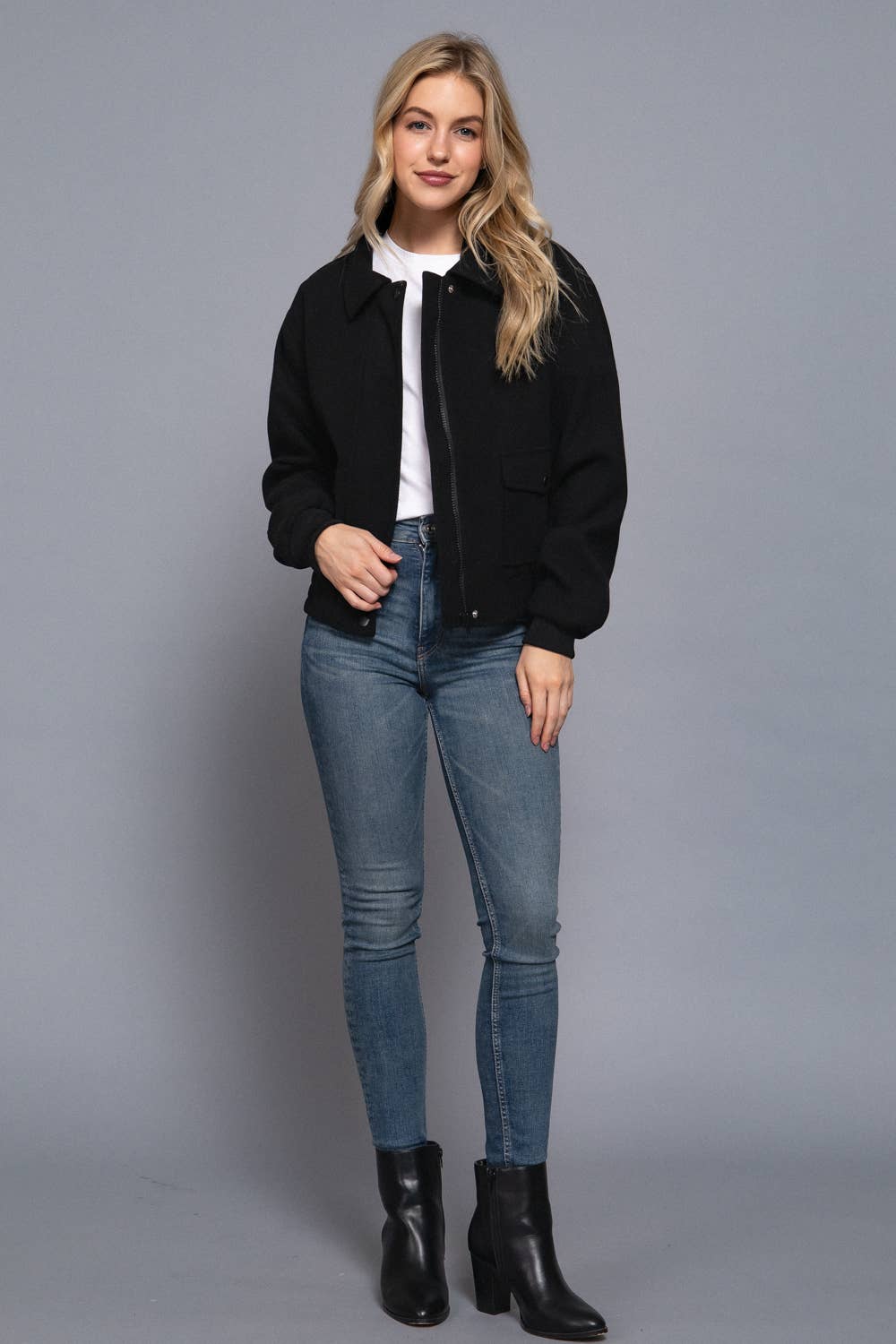 Long Sleeve Lapel Collar Soft Felt Bomber Jacket